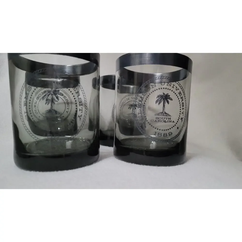 Lot 4 Clemson Tigers Clear Glass Liquor Cups Glasses Silver Rim Gray Smokey
